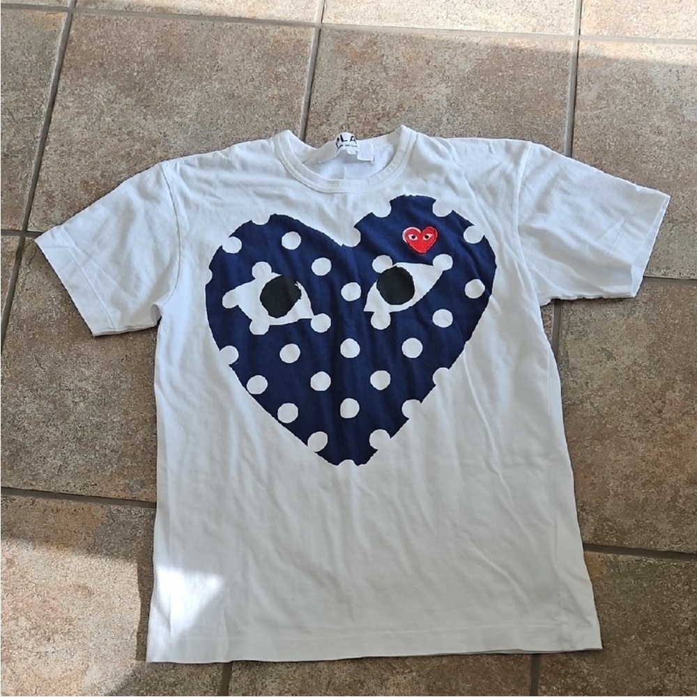 Comme des Garçons White Tee with Navy Polka Dot Heart and Red Heart Logo